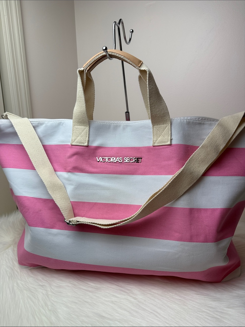 Victoria's Secret Pink & White Striped Extra Large Canvas Weekend Tote